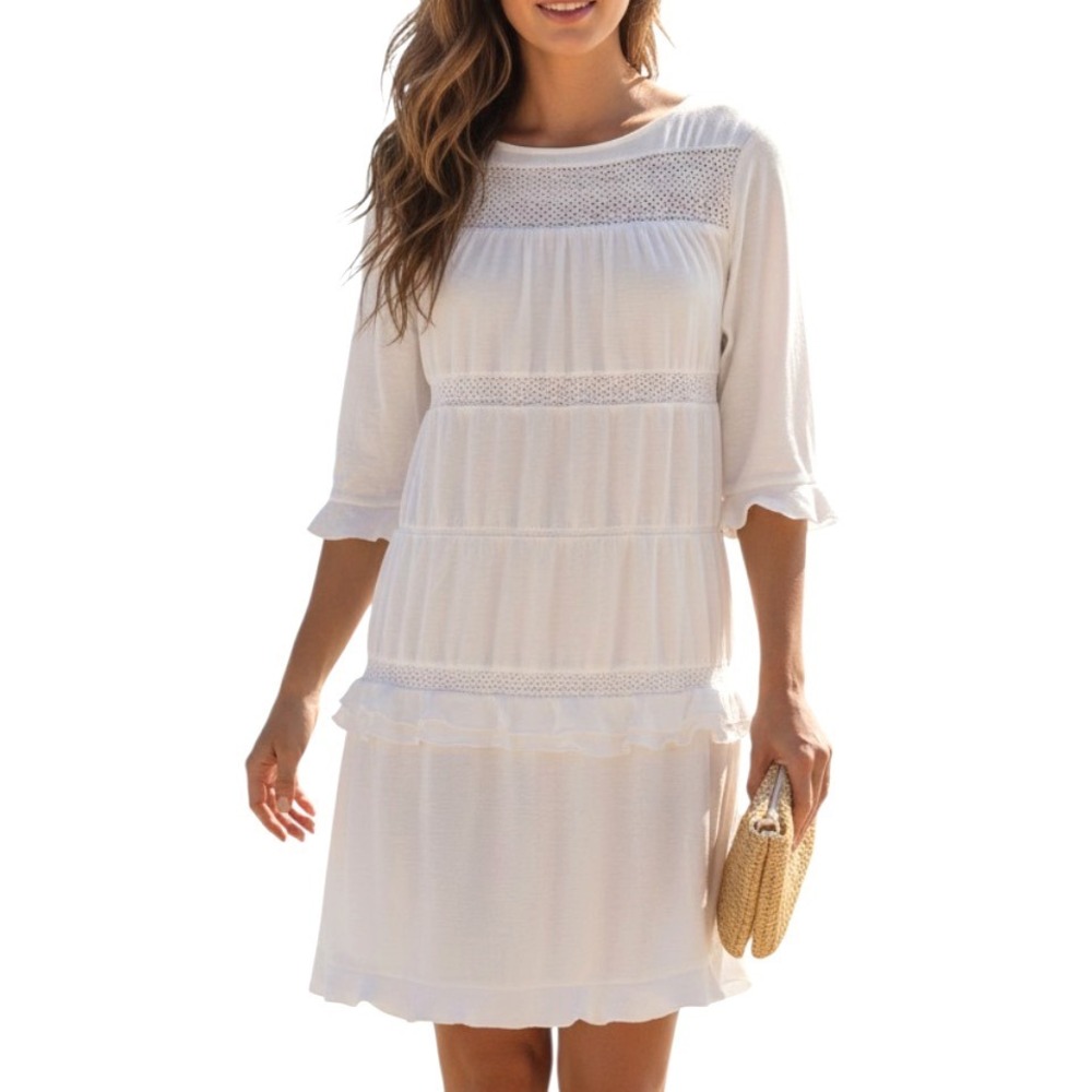 WHO WHAT WEAR Off-White Flowy SHIFT DRESS Lace Trim RUFFLE TIERED Lined SZ L